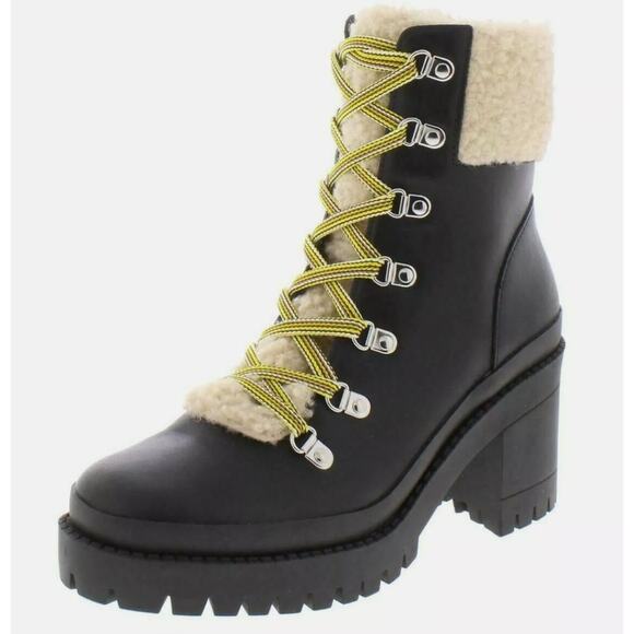 Steve Madden Black Aniko Hiking Boot SIZE 9 Shearling Combat Lug Sole Leather - Picture 1 of 10